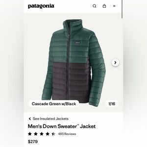 NWT Patagonia Men's Down Sweater Jacket - Cascade Green w/Black M